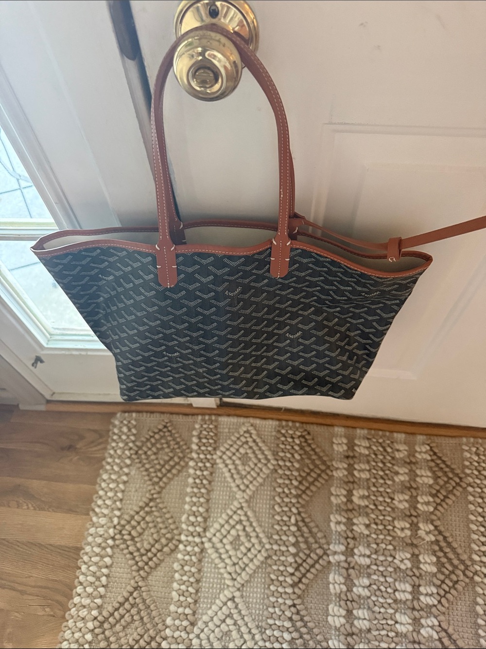 Black Goyardine look alike Tote with Brown Leather Trim